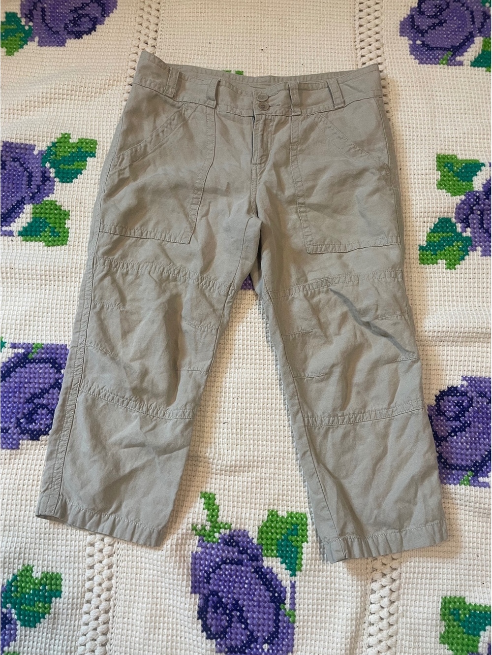 Sundance khaki cropped linen coastal casual gorpcore pants 8 tan relaxed beachy